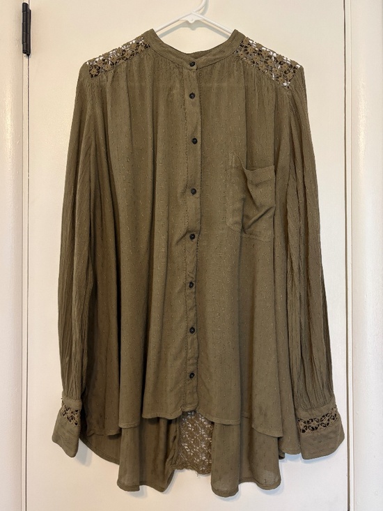 Free People Tops - Free People Womens Button-Front The Best Shirt Top Blouse L Green Crochet Lace
